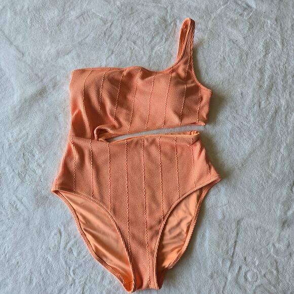 Aerie Women’s One Shoulder Coral Ribbed Swimsuit Size M Cutout One Piece - Picture 3 of 5